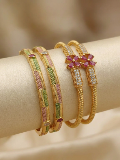 Wedding & Festive Wear Ruby Flower Bangles Set | Designer Gold Plated Kada Combo
