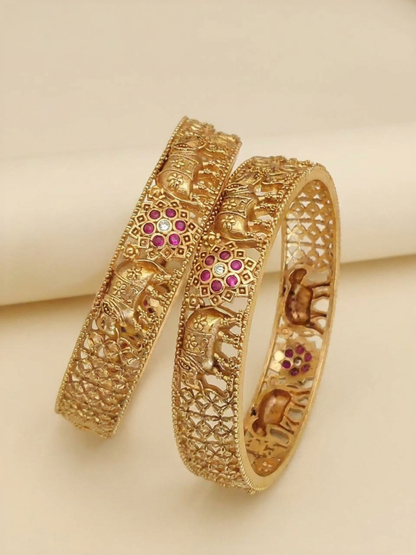 Ruby Elephant Heritage Bangles With Micro Gold Plating