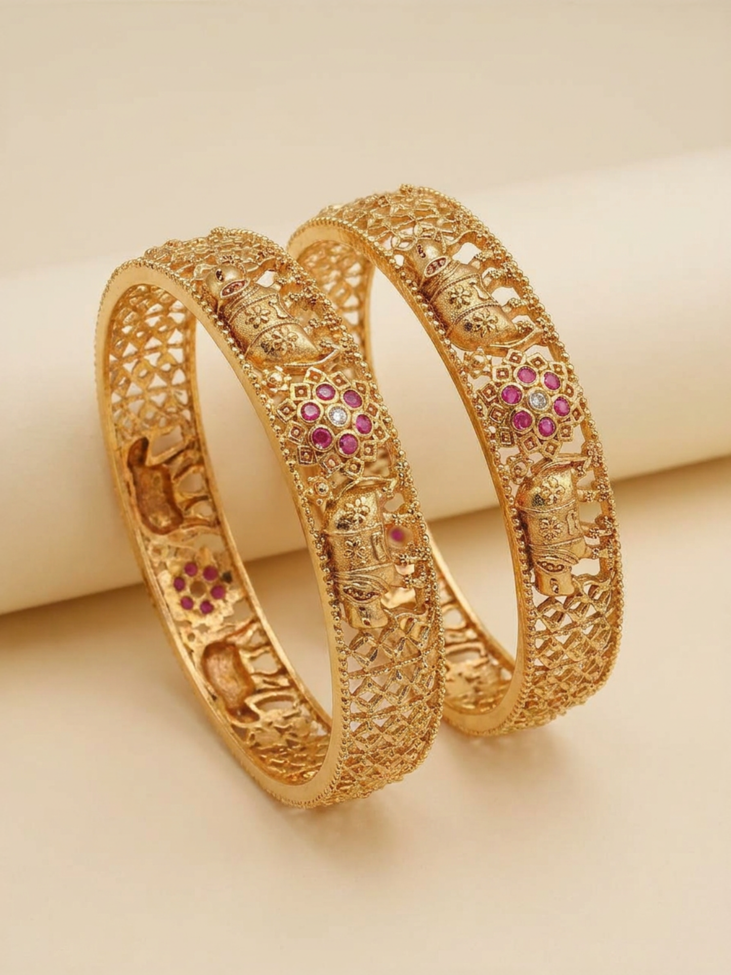 Ruby Elephant Heritage Bangles With Micro Gold Plating