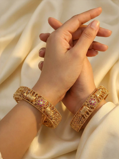 Ruby Elephant Heritage Bangles With Micro Gold Plating