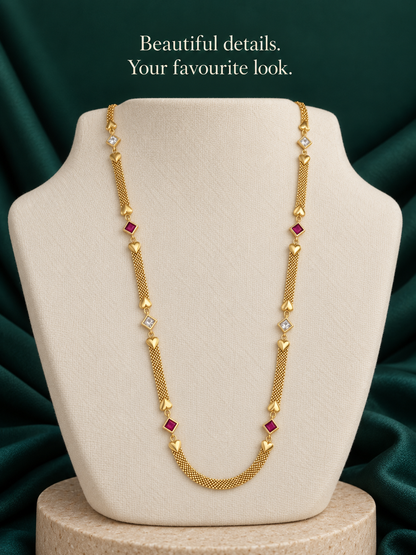 Ruby & AD Square Stone Gold-Plated Long Chain for Women