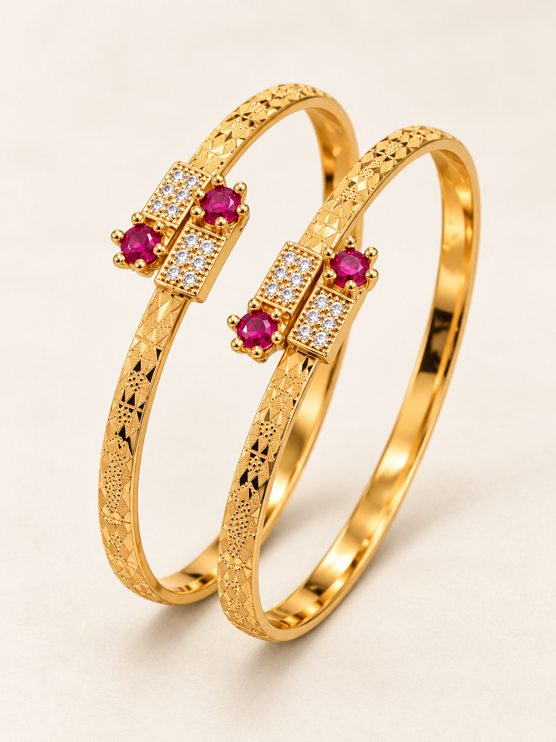 Free Size Gold Plated Cutwork Bangles with Pink and White Stones – Set of 2