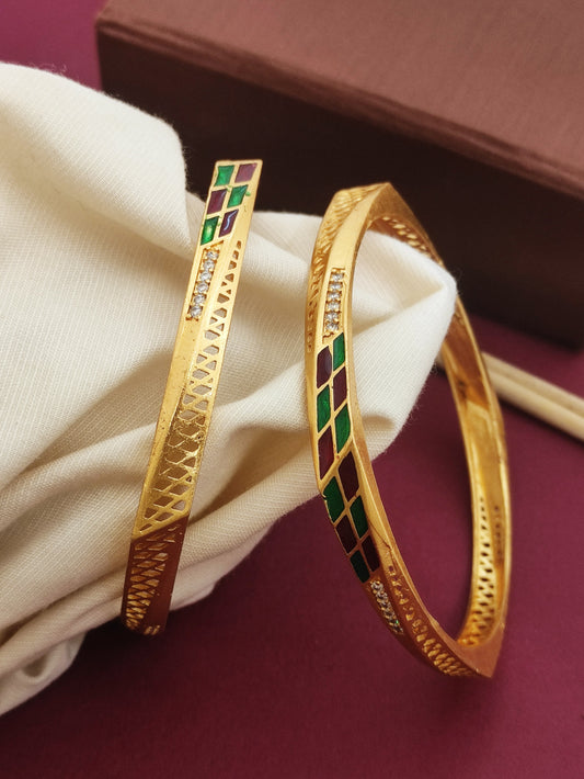 Stylish 3D Minawork Square Shape Bangles With Micro Gold Finish Pack Of 2 Pieces ( 1 Pair )