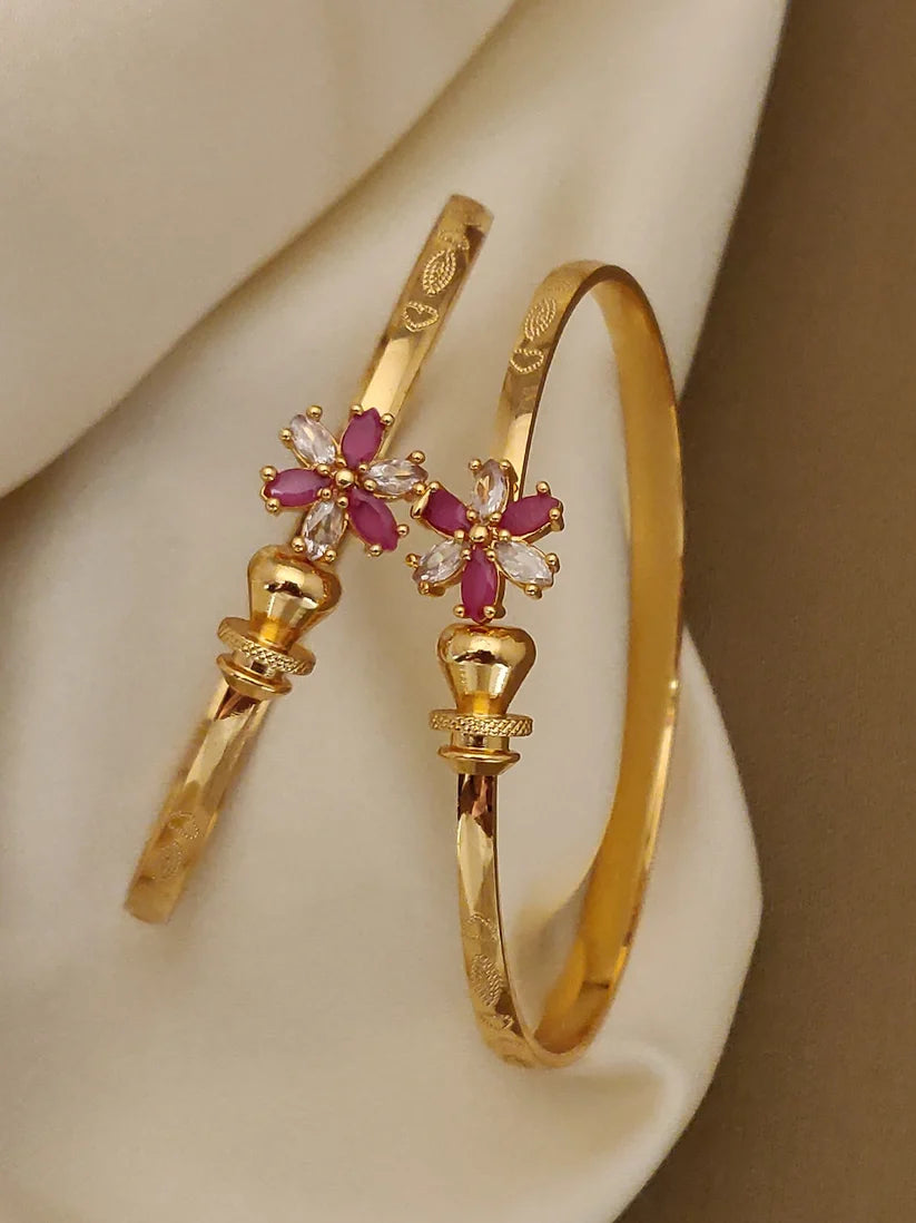 Adjustable Gold-Tone Floral Watch & Bracelet Combo Set For Women | 1 Pair Bracelet + 1 Watch Set