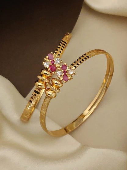 Premium Gold-Tone Brass Bangle Watch with Ruby Stone Kadli Pair for Women | 3-Piece Adjustable Wristwear Combo