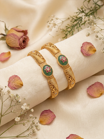 Traditional Antique Gold Floral Stone Bangles for Women & Girls