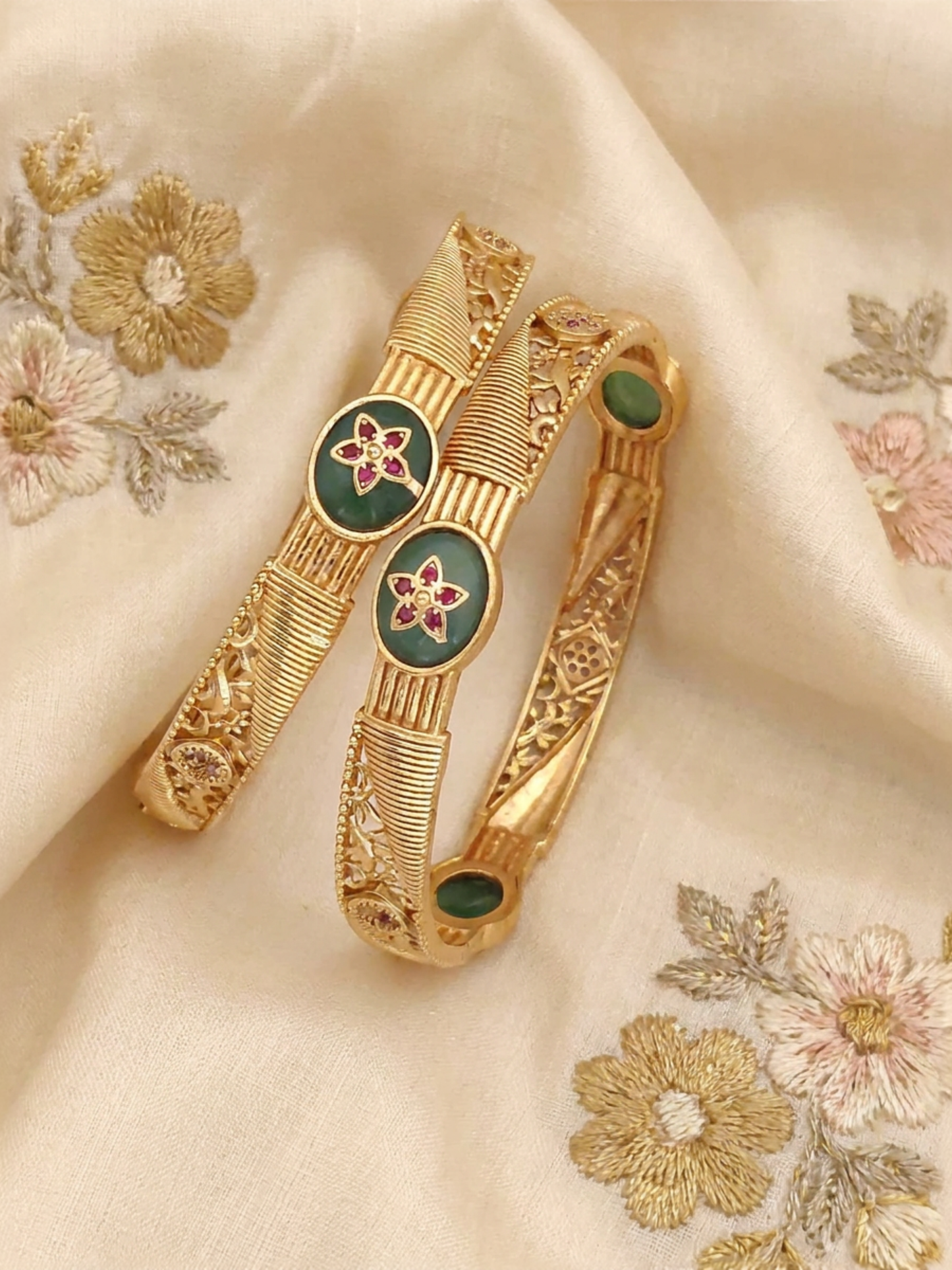 Traditional Antique Gold Floral Stone Bangles for Women & Girls