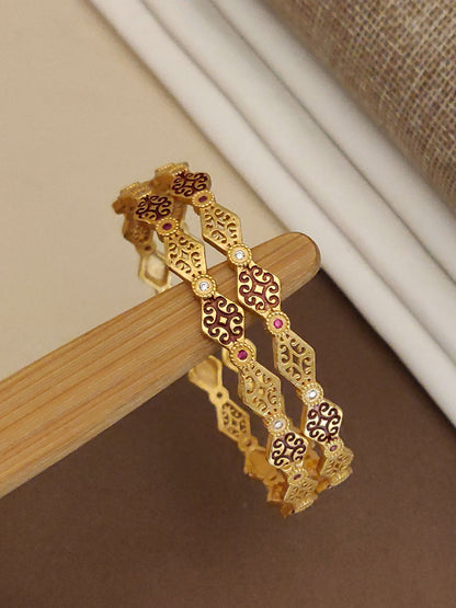 Traditional Gold Plated Bangles with Red and White Stones