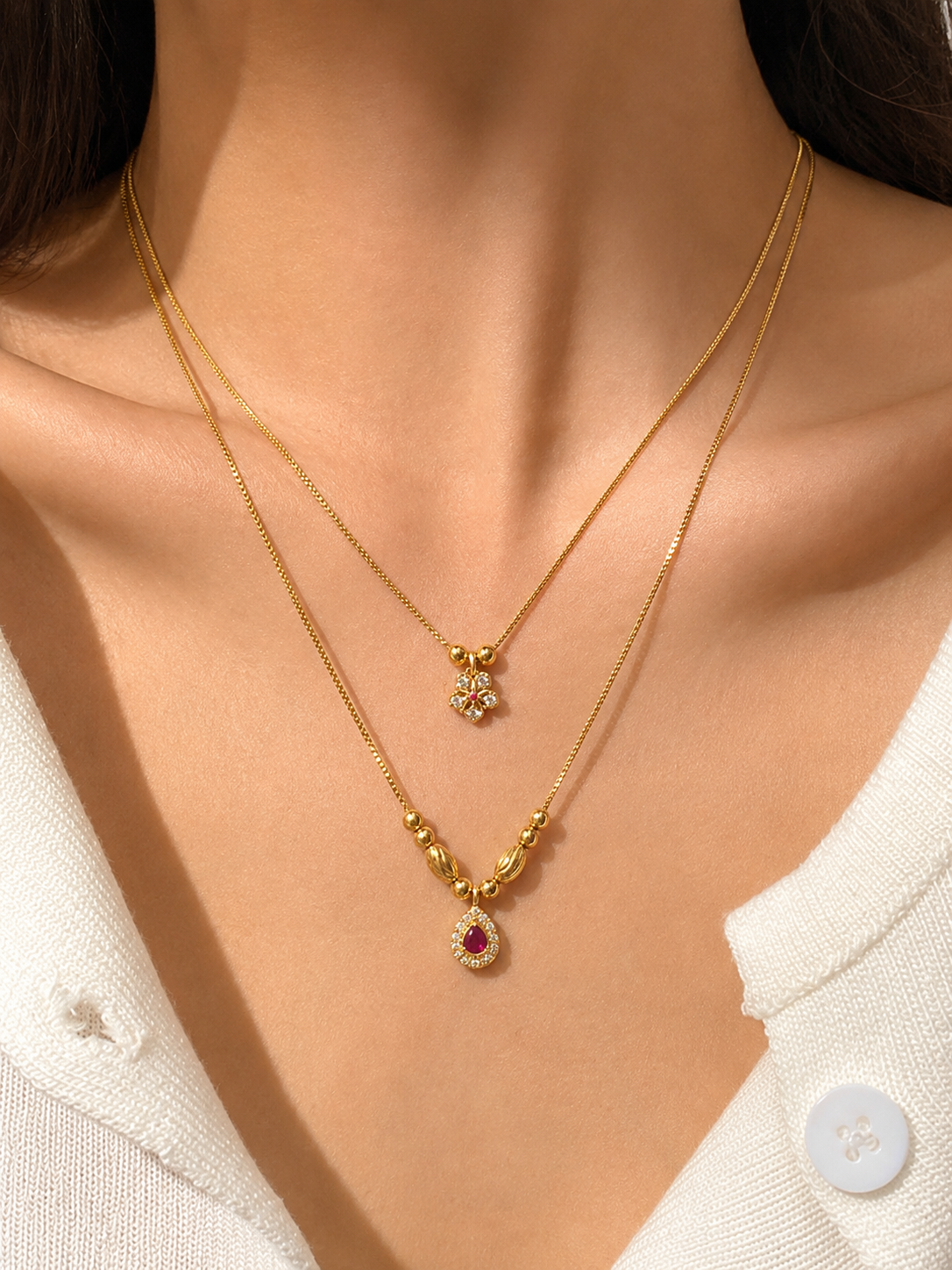 Two Layer Diamond Floral Gold Chain for Women | Micro Gold Plated AD Diamond Ruby Necklace