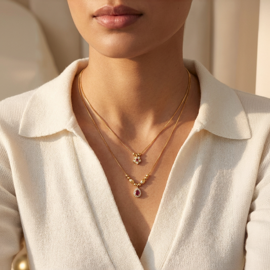 Two Layer Diamond Floral Gold Chain for Women | Micro Gold Plated AD Diamond Ruby Necklace