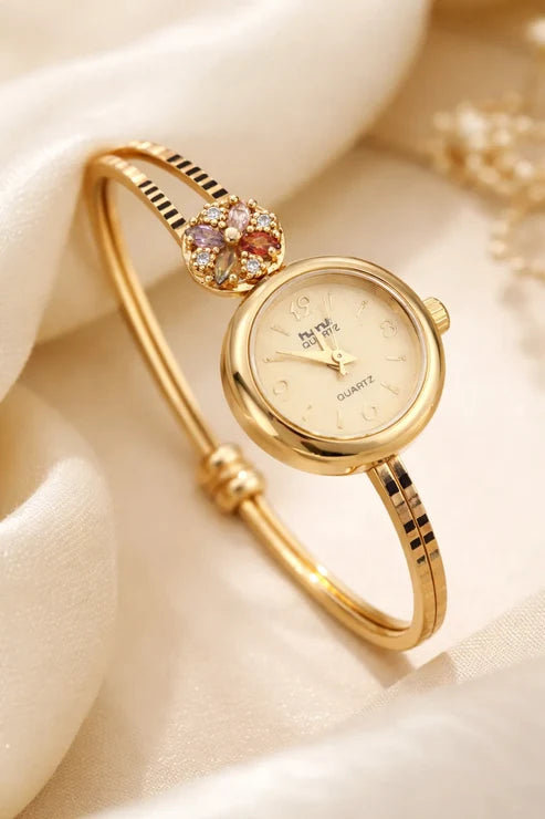 Premium Brass Bangle Watch with Adjustable Bracelet Pair Combo for Women | 3-Piece Fashion Accessory Set