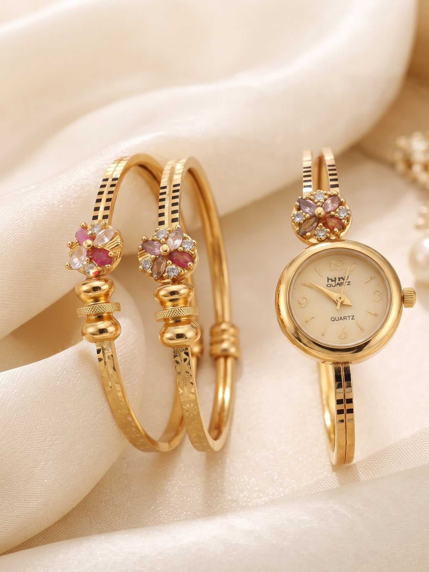 Premium Gold-Tone Brass Bangle Watch with Ruby Stone Kadli Pair for Women | 3-Piece Adjustable Wristwear Combo