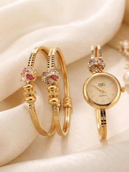 Premium Gold-Tone Brass Bangle Watch with Ruby Stone Kadli Pair for Women | 3-Piece Adjustable Wristwear Combo