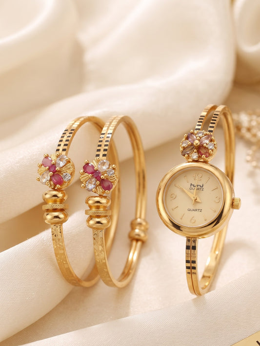 Premium Gold-Tone Brass Bangle Watch with Ruby Stone Kadli Pair for Women | 3-Piece Adjustable Wristwear Combo