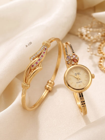 Premium Brass Bangle Watch with Adjustable Bracelet Pair Combo for Women | 3-Piece Fashion Accessory Set