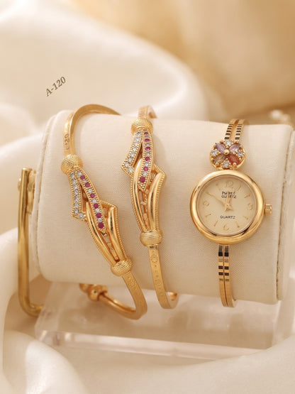 Premium Brass Bangle Watch with Adjustable Bracelet Pair Combo for Women | 3-Piece Fashion Accessory Set