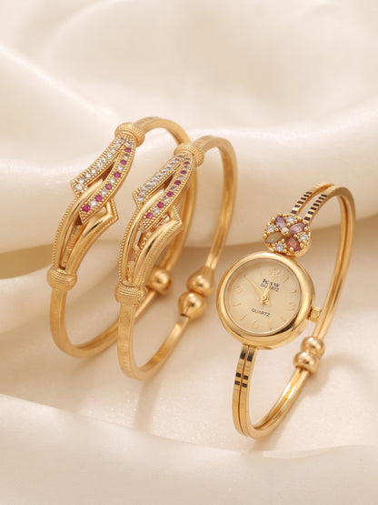 Premium Brass Bangle Watch with Adjustable Bracelet Pair Combo for Women | 3-Piece Fashion Accessory Set