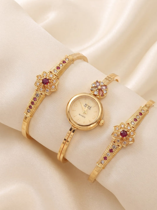 Premium Gold-Tone Brass Bangle Watch with Adjustable Bracelet Pair for Women | 3-Piece Fashion Combo Set