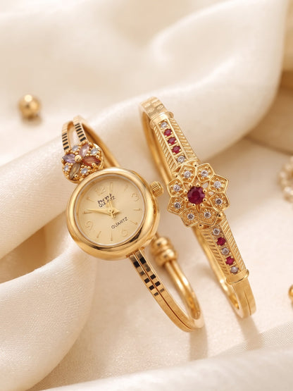 Premium Gold-Tone Brass Bangle Watch with Adjustable Bracelet Pair for Women | 3-Piece Fashion Combo Set