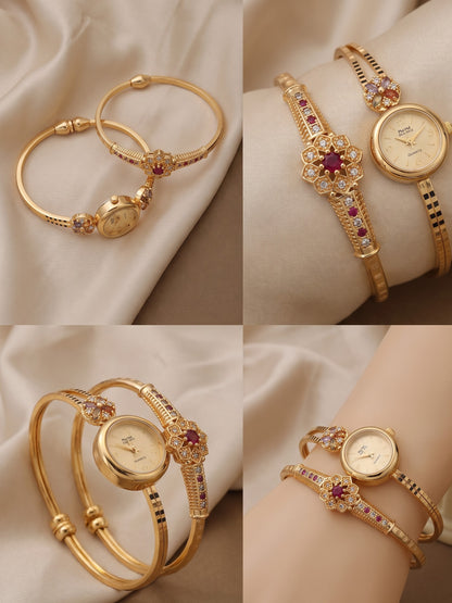 Premium Gold-Tone Brass Bangle Watch with Adjustable Bracelet Pair for Women | 3-Piece Fashion Combo Set
