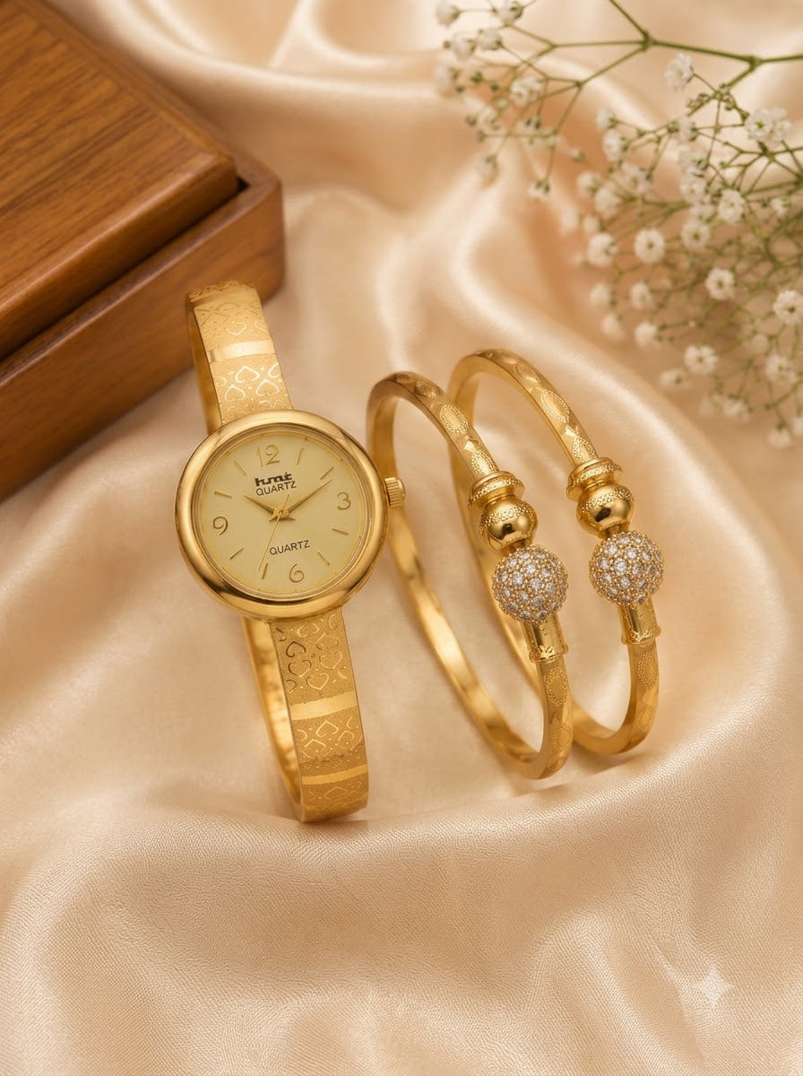 Gold-Tone Crystal Bangle Watch & Bracelet Combo | 1 Pair Bracelet + 1 Watch Set