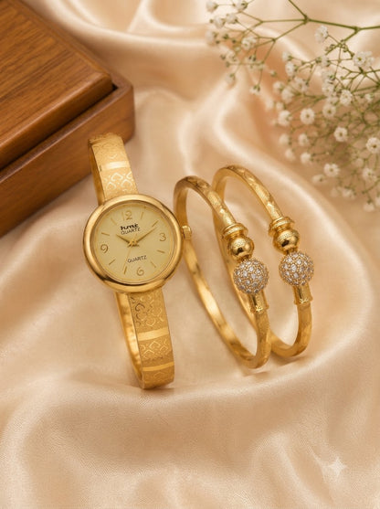 Gold-Tone Crystal Bangle Watch & Bracelet Combo | 1 Pair Bracelet + 1 Watch Set
