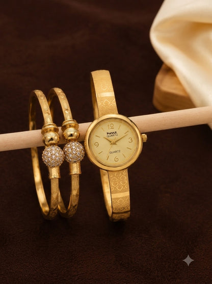 Gold-Tone Crystal Bangle Watch & Bracelet Combo | 1 Pair Bracelet + 1 Watch Set