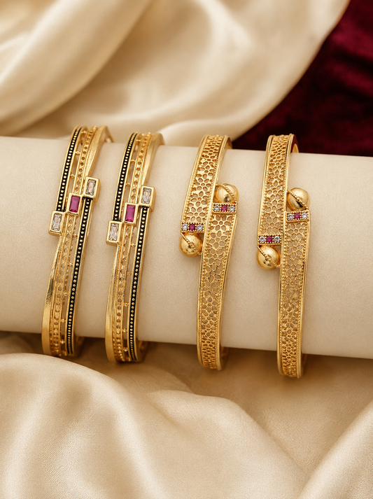 Micro Gold Plated Square Shape Bangles for Women | White AD & Ruby Stone Bangles Set (Copy)