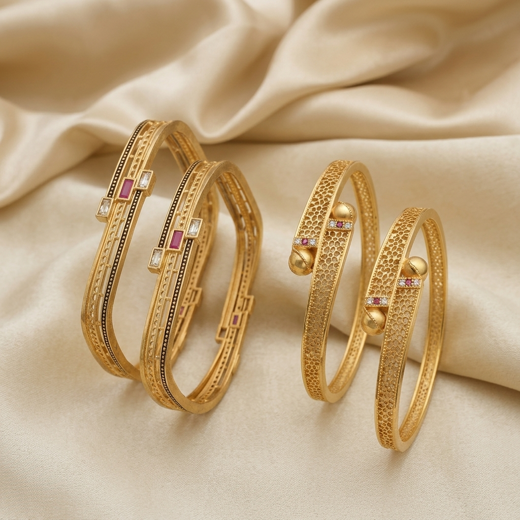 Micro Gold Plated Square Shape Bangles for Women | White AD & Ruby Stone Bangles Set (Copy)