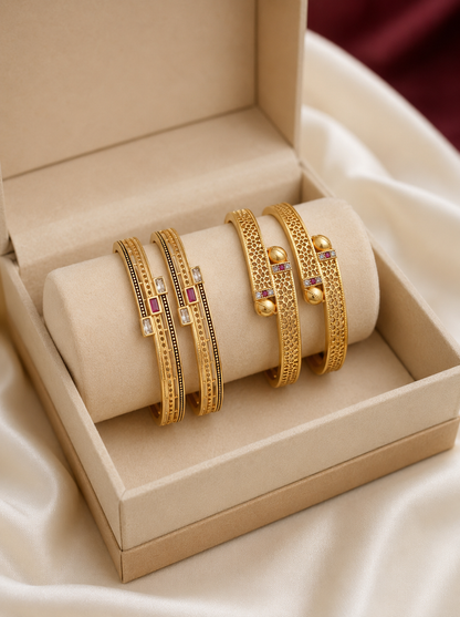 Micro Gold Plated Square Shape Bangles for Women | White AD & Ruby Stone Bangles Set (Copy)