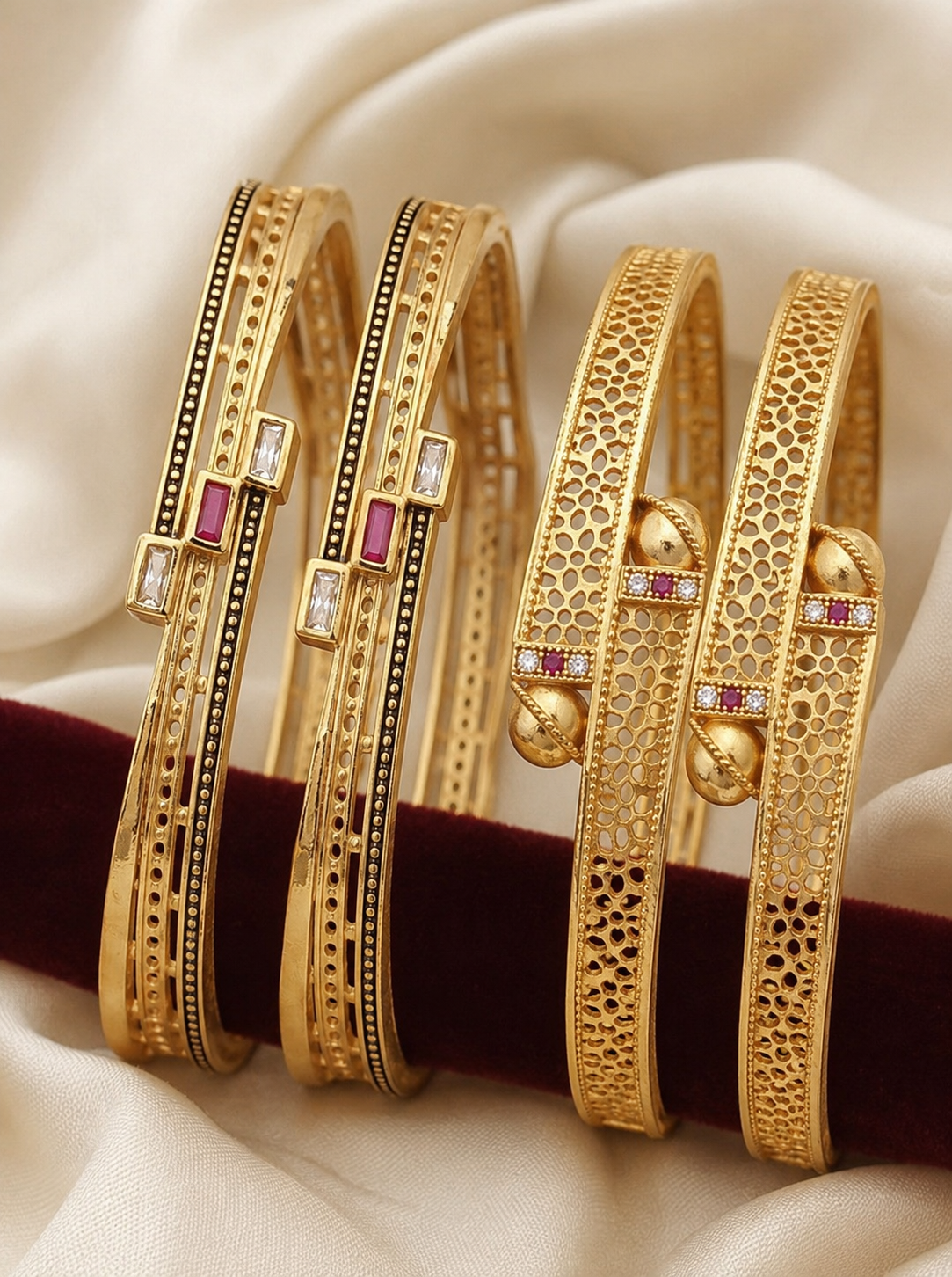 Micro Gold Plated Square Shape Bangles for Women | White AD & Ruby Stone Bangles Set (Copy)