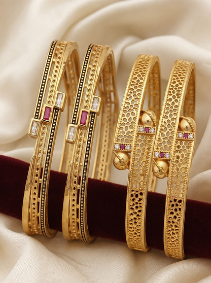 Micro Gold Plated Square Shape Bangles for Women | White AD & Ruby Stone Bangles Set (Copy)