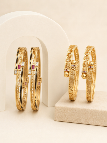 Micro Gold Plated Square Shape Bangles for Women | White AD & Ruby Stone Bangles Set (Copy)