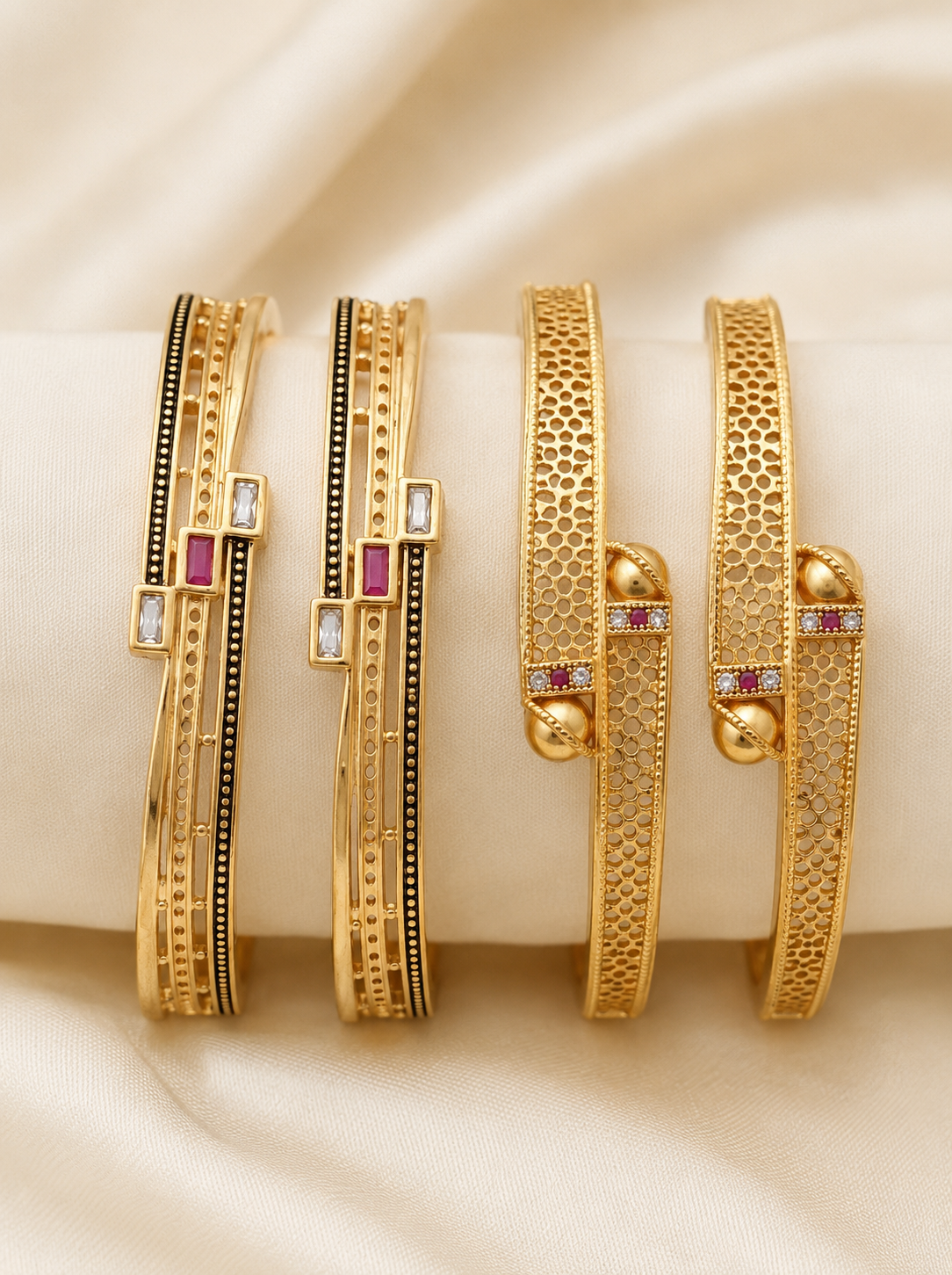Micro Gold Plated Square Shape Bangles for Women | White AD & Ruby Stone Bangles Set (Copy)