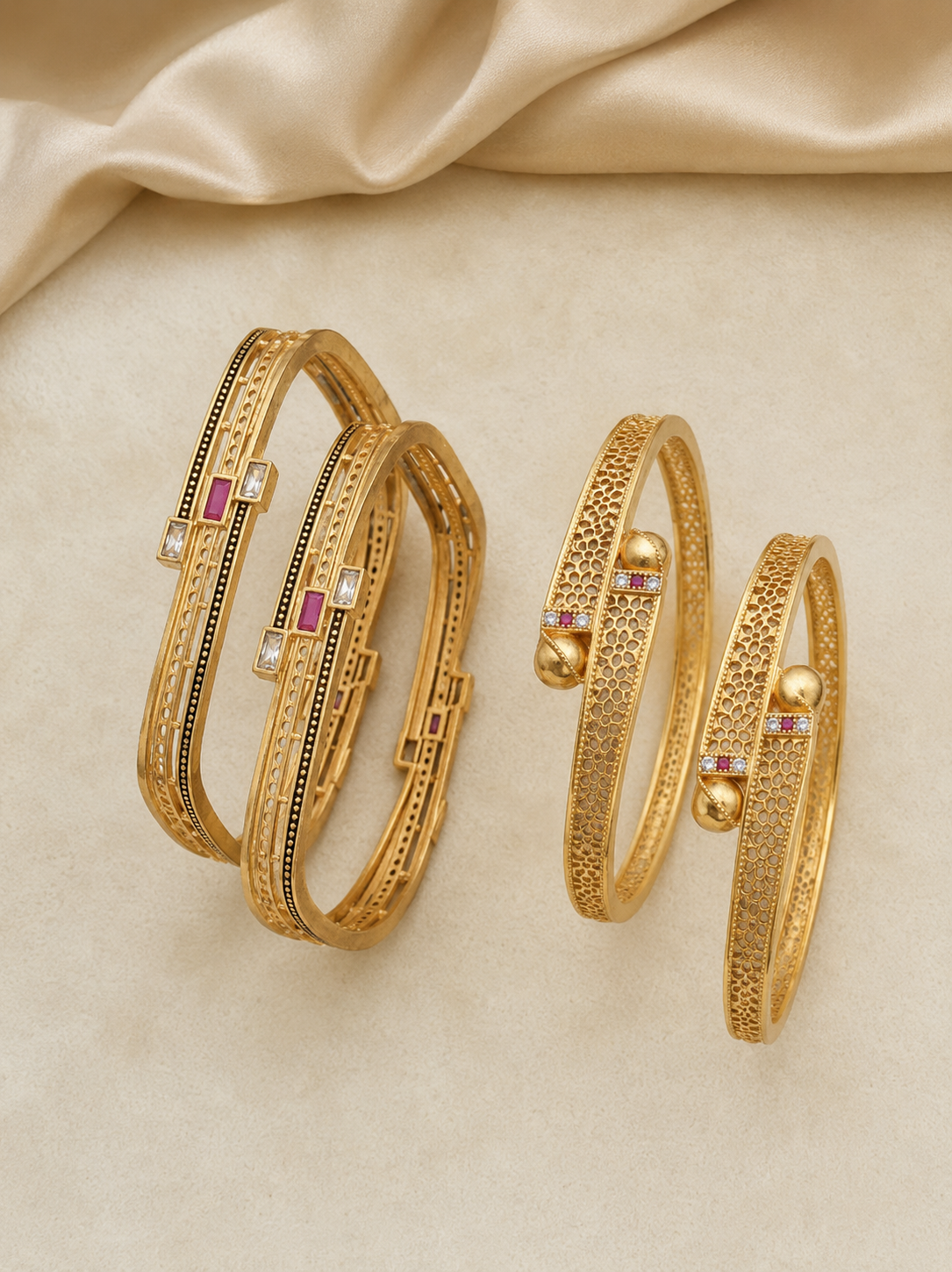 Micro Gold Plated Square Shape Bangles for Women | White AD & Ruby Stone Bangles Set (Copy)