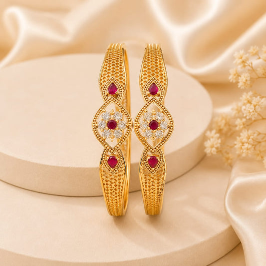 Elegant Gold-Plated Designer Bangles with CZ & Ruby Stone