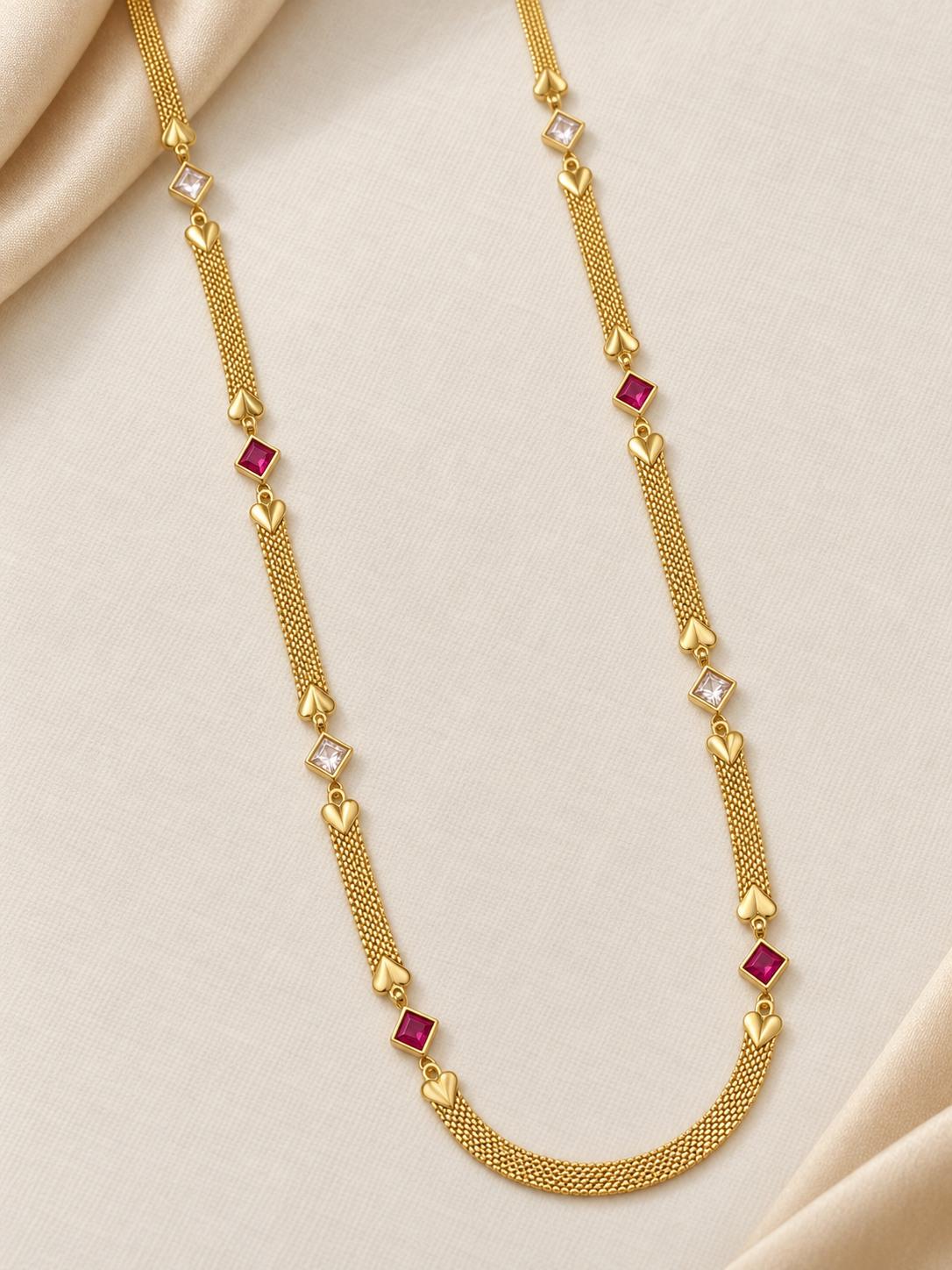 Ruby & AD Square Stone Gold-Plated Long Chain for Women