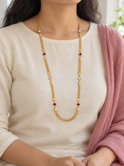 Ruby & AD Square Stone Gold-Plated Long Chain for Women