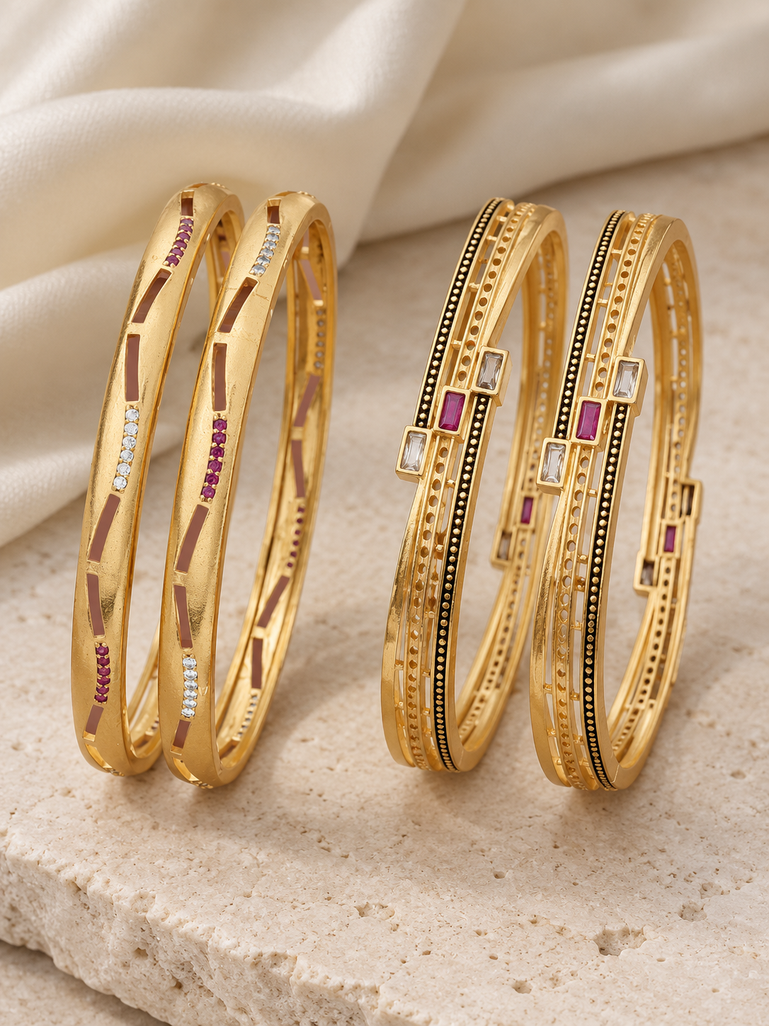 Micro Gold Plated Square Shape Bangles for Women | White AD & Ruby Stone Bangle Set