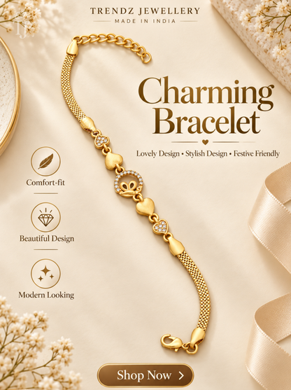 American diamond butterfly bracelet with heart charms on cream background, Trendz Jewellery