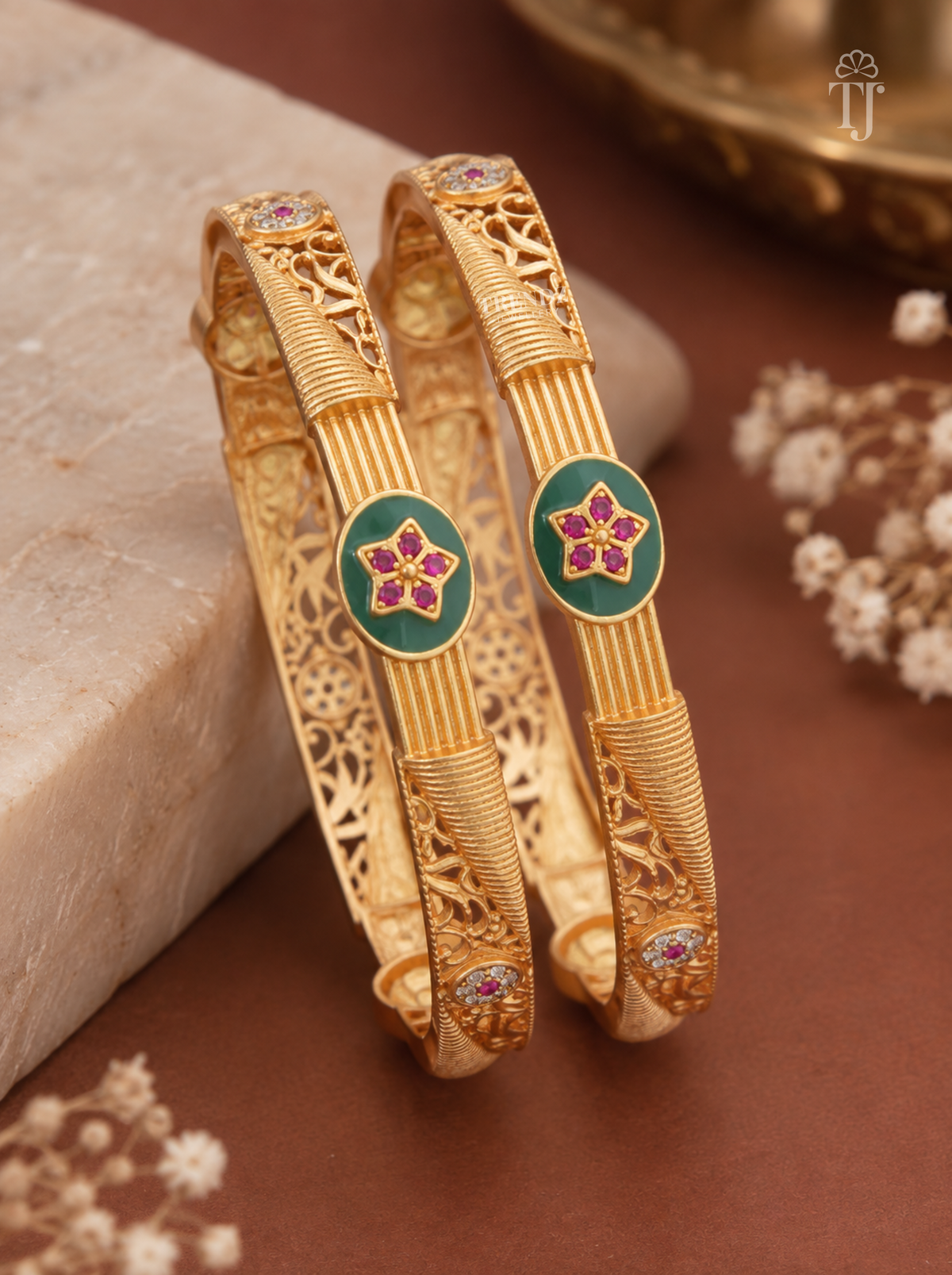 Green enamel pink star artificial bangles for women, gold plated brass, pair — front view