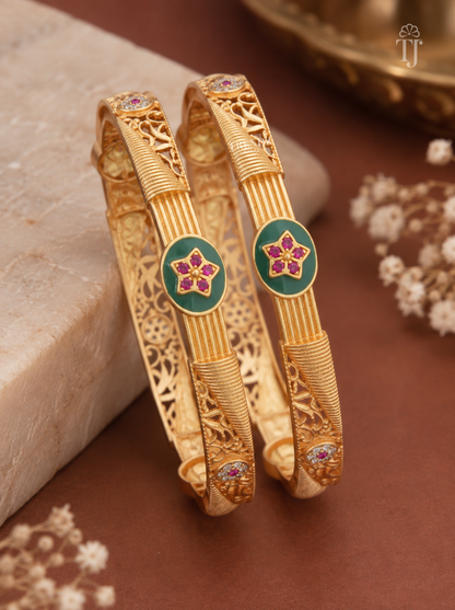 Green enamel pink star artificial bangles for women, gold plated brass, pair — front view