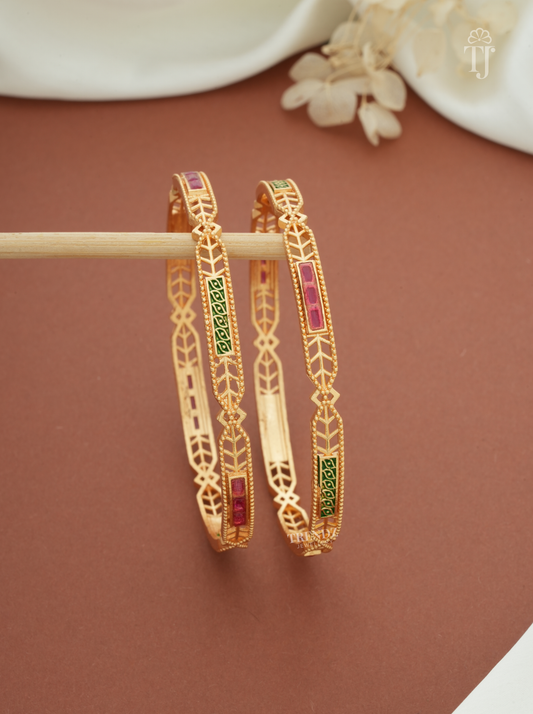 Pink green stone artificial bangles for women, gold plated brass, pair — front view