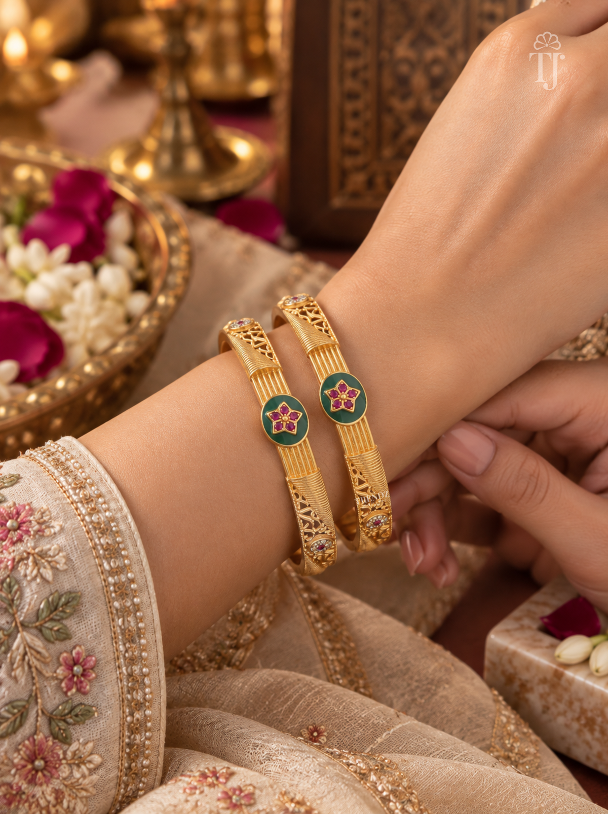Woman wearing green enamel pink star artificial bangles on wrist, festive outfit