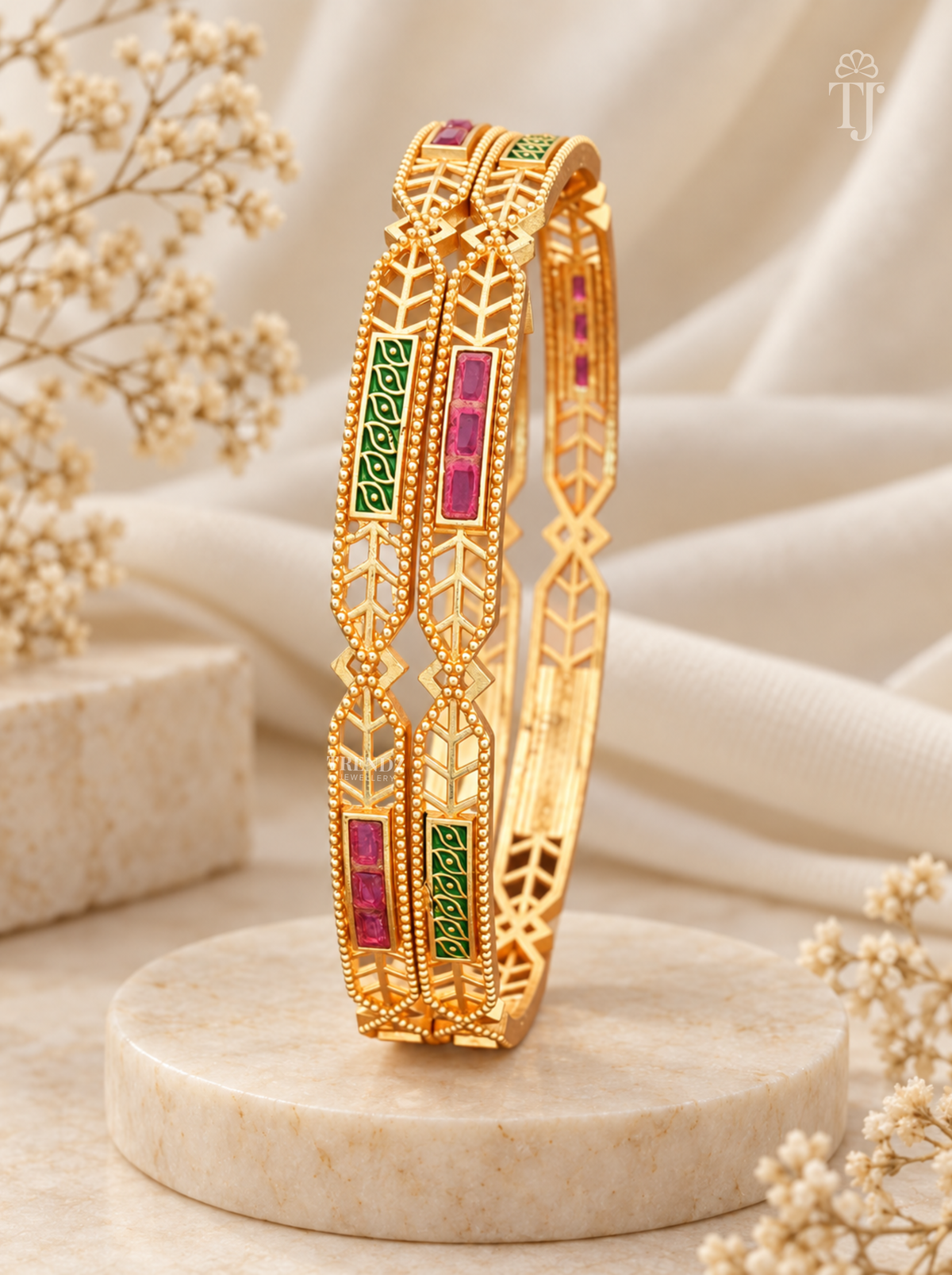Pink green stone artificial bangles for women, gold plated brass, pair on pedestal stand
