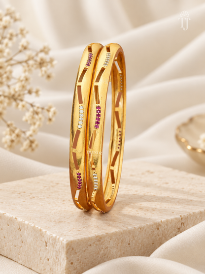 Pink white stone cutout artificial bangles for women, gold plated brass, pair on pedestal stand