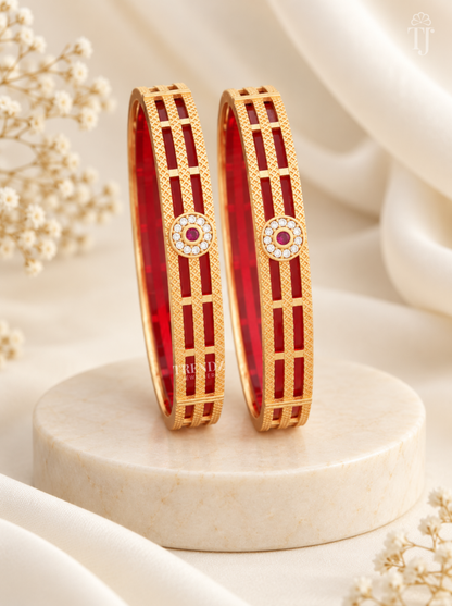 Red white stone artificial bangles for women, gold plated brass, pair on pedestal stand
