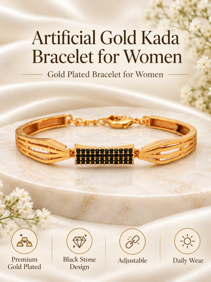 Gold-plated kada bracelet for women with a central black stone panel, displayed on a marble pedestal with decorative white flowers. Text at the top reads 'Artificial Gold Kada Bracelet for Women' and icons at the bottom highlight premium gold plating, black stone design, adjustable sizing, and daily wear.