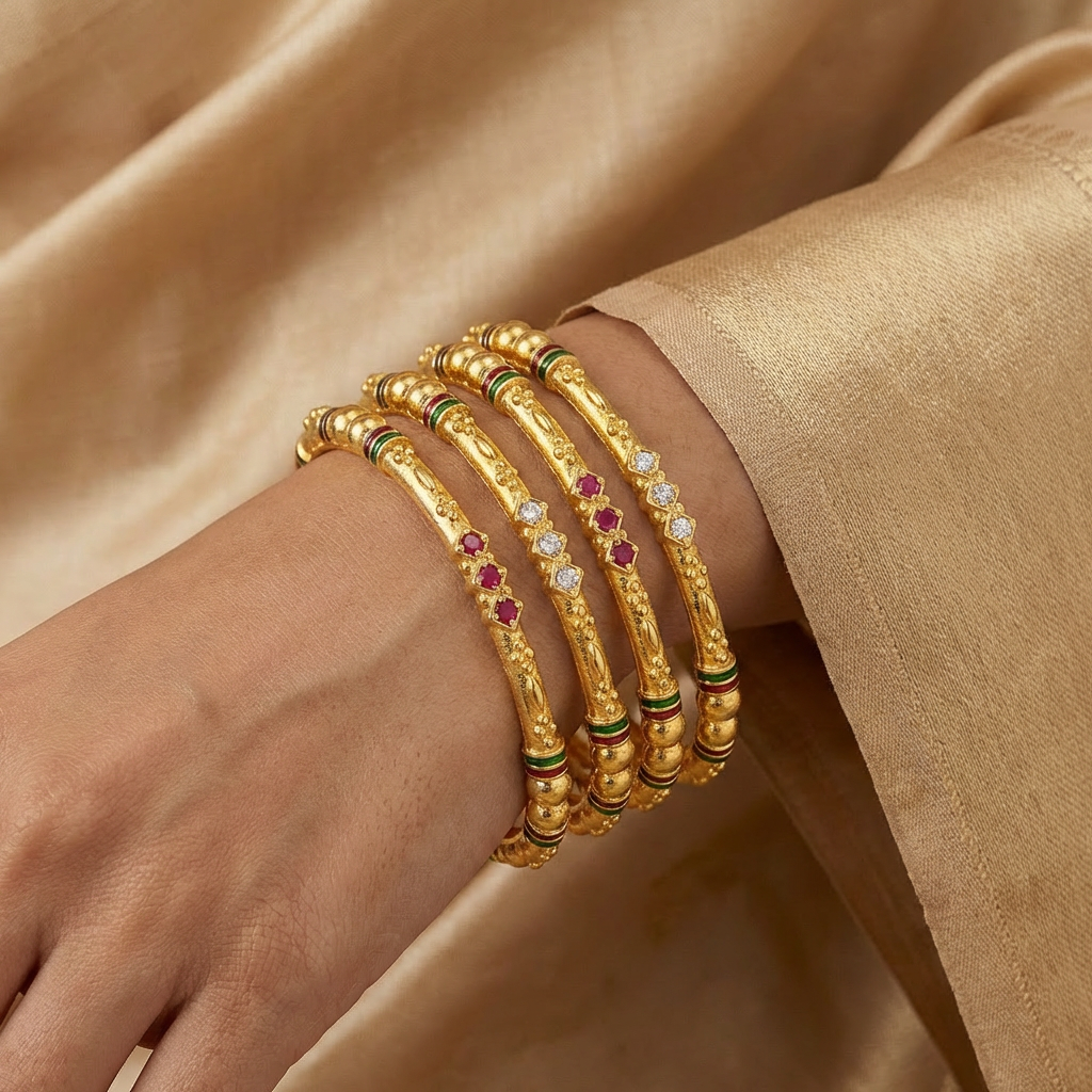 Stylish Daily Wear Bangles With Ruby-White  Stones Pack Of 4 Pis