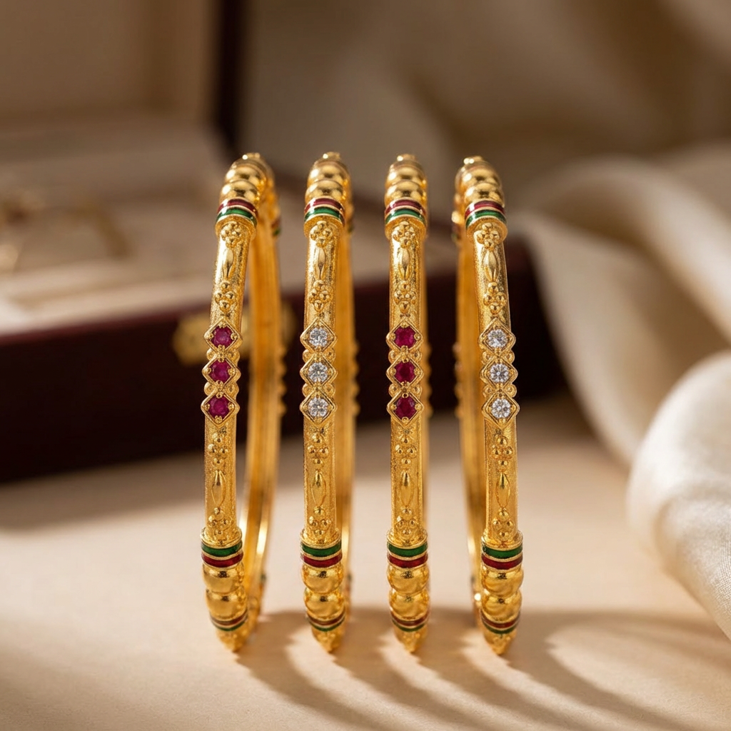 Stylish Daily Wear Bangles With Ruby-White  Stones Pack Of 4 Pis